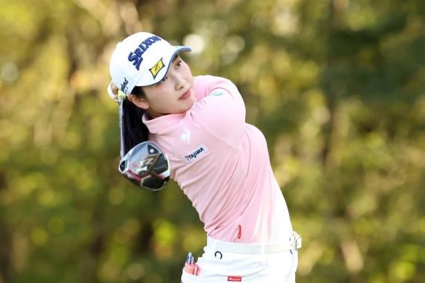 Sakura Koiwai of Japan hits her tee shot on the 15th hole during the second round of the 54th Japan Women's Open Golf Championship at Karasuyamajo...