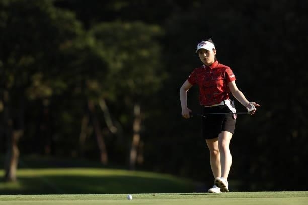 Yuna Nishimura of Japan lines up a putt on the 15th green during the second round of the 54th Japan Women's Open Golf Championship at Karasuyamajo...