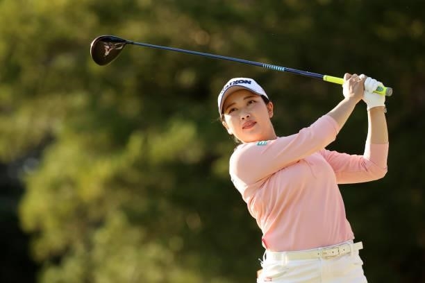 Sakura Koiwai of Japan hits her tee shot on the 16th hole during the second round of the 54th Japan Women's Open Golf Championship at Karasuyamajo...