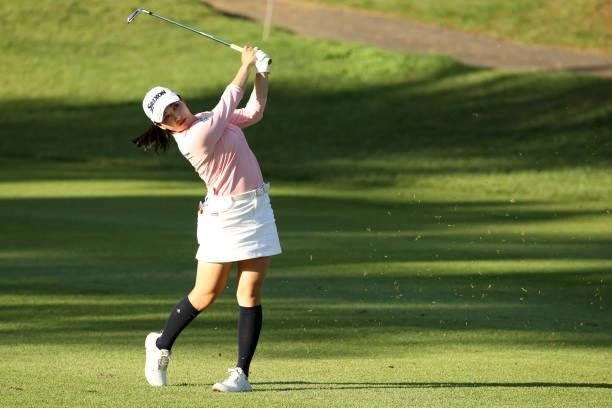 Sakura Koiwai of Japan hits her second shot on the 16th hole during the second round of the 54th Japan Women's Open Golf Championship at Karasuyamajo...
