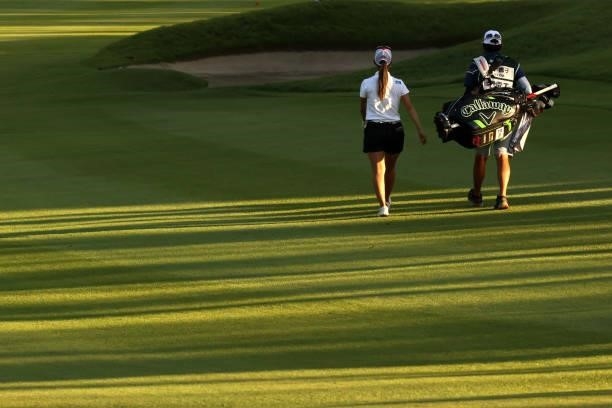 Momoko Ueda of Japan walks on the 15th hole during the second round of the 54th Japan Women's Open Golf Championship at Karasuyamajo Country Club on...
