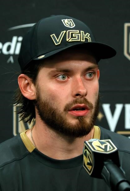 Daniil Miormanov of the Vegas Golden Knights speaks during a news conference after the team's 4-0 victory over the Los Angeles Kings in a preseason...