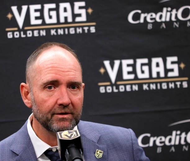 Head coach Peter DeBoer of the Vegas Golden Knights speaks during a news conference after his team's 4-0 victory over the Los Angeles Kings in a...