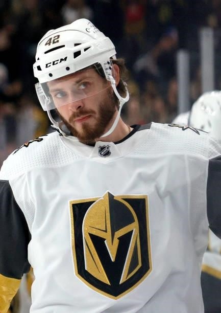 Daniil Miormanov of the Vegas Golden Knights skates after scoring a first-period goal against the Los Angeles Kings during their preseason game at...