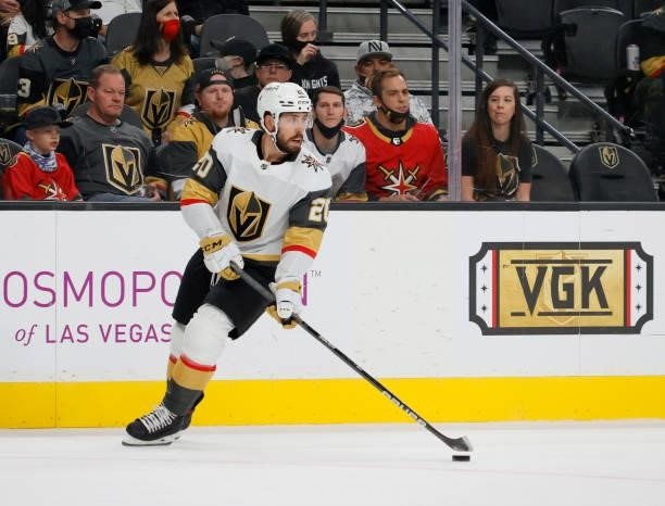 Chandler Stephenson of the Vegas Golden Knights skates with the puck against the Los Angeles Kings in the first period of their preseason game at...
