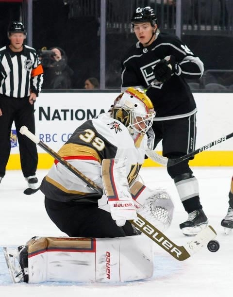 Laurent Brossoit of the Vegas Golden Knights blocks a shot in front of Rasmus Kupari of the Los Angeles Kings in the first period of their preseason...