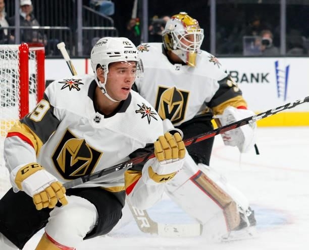 Peter DiLiberatore and Laurent Brossoit of the Vegas Golden Knights defend the net against the Los Angeles Kings in the first period of their...