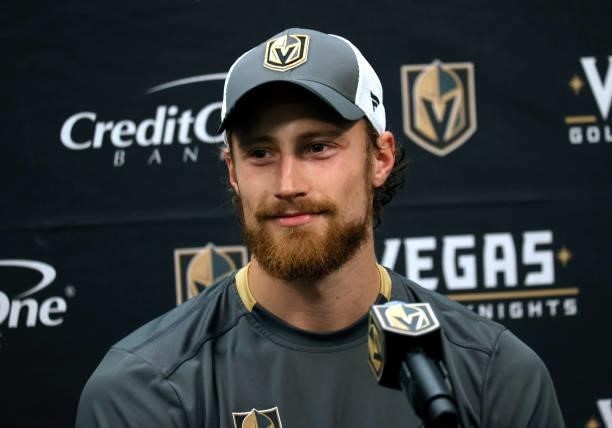 Laurent Brossoit of the Vegas Golden Knights speaks during a news conference after the team's 4-0 victory over the Los Angeles Kings in a preseason...