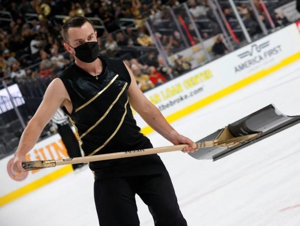 Member of the Knights Guard cleans the ice during the Vegas Golden Knights' preseason game against the Los Angeles Kings at T-Mobile Arena on October...