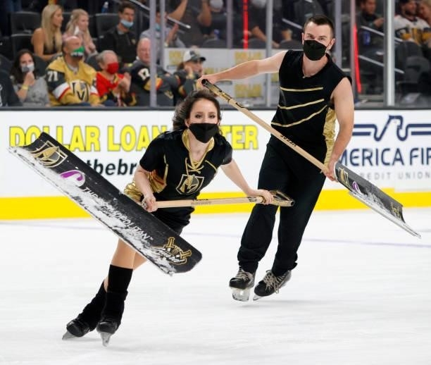 Members of the Knights Guard clean the ice during the Vegas Golden Knights' preseason game against the Los Angeles Kings at T-Mobile Arena on October...
