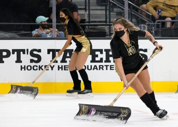 Members of the Knights Guard clean the ice during the Vegas Golden Knights' preseason game against the Los Angeles Kings at T-Mobile Arena on October...