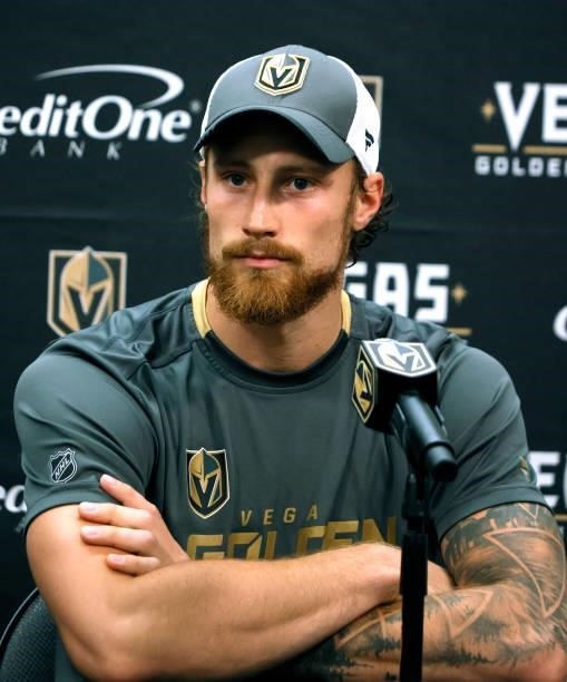 Laurent Brossoit of the Vegas Golden Knights attends a news conference after the team's 4-0 victory over the Los Angeles Kings in a preseason game at...