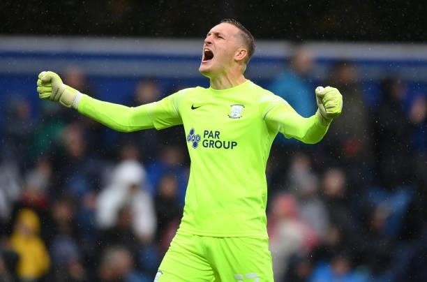 Daniel Iversen of Preston North End celebrates after their side's first goal scored by teammate Emil Riis Jakobsen during the Sky Bet Championship...