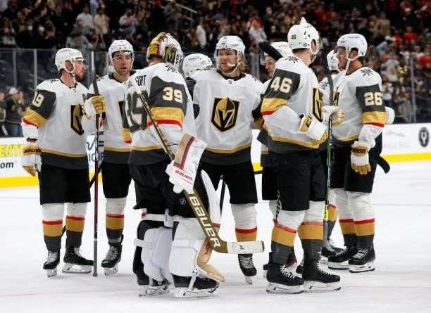 The Vegas Golden Knights celebrate their 4-0 victory over the Los Angeles Kings in their preseason game at T-Mobile Arena on October 1, 2021 in Las...