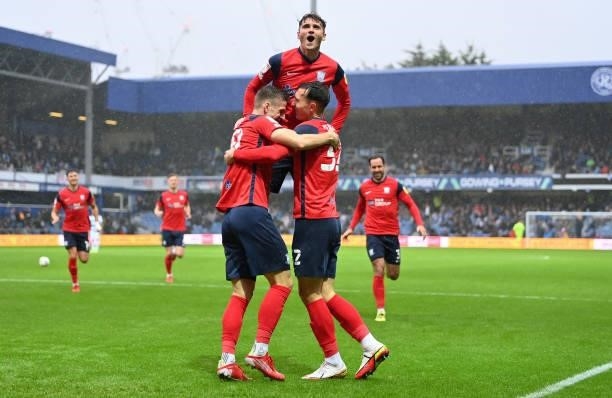 Josh Earl of Preston North End celebrates after scoring their team's second goal during the Sky Bet Championship match between Queens Park Rangers...
