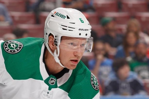 Andreas Borgman of the Dallas Stars prepares for a face-off against the Florida Panthers during a preseason game at the FLA Live Arena on October 1,...