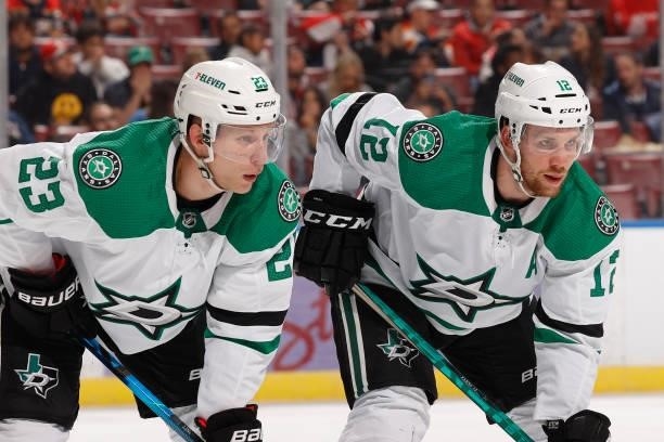 Esa Lindell and Radek Faksa of the Dallas Stars prepare for a face-off against the Florida Panthers during a preseason game at the FLA Live Arena on...