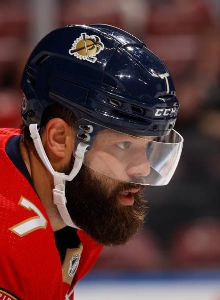 Radko Gudas of the Florida Panthers prepares for a face-off against the Dallas Stars during a preseason game at the FLA Live Arena on October 1, 2021...