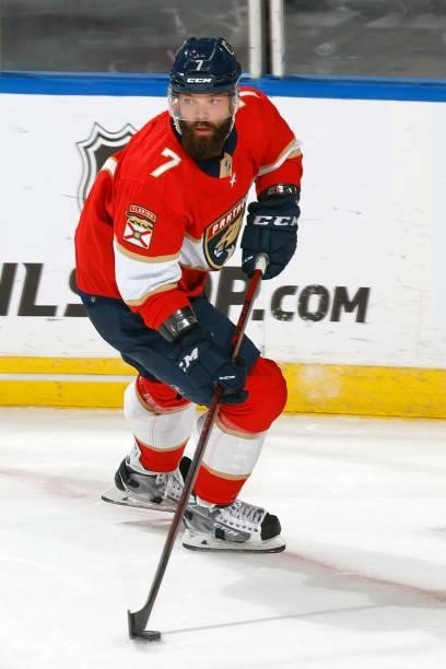Radko Gudas of the Florida Panthers skates with the puck against the Dallas Stars during a preseason game at the FLA Live Arena on October 1, 2021 in...