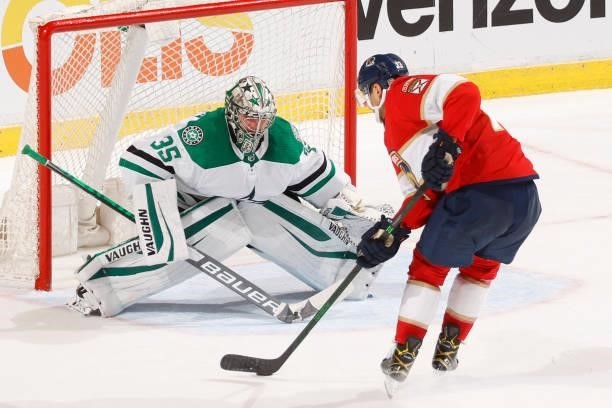 Goaltender Anton Khudobin of the Dallas Stars stops a shot by Sam Reinhart of the Florida Panthers during a practice shoot out after a preseason game...
