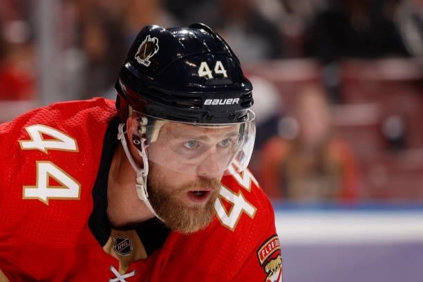 Kevin Connauton of the Florida Panthers prepares for a face-off against the Dallas Stars during a preseason game at the FLA Live Arena on October 1,...