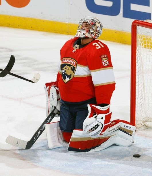 Goaltender Christopher Gibson of the Florida Panthers reacts after giving up a third period goal to Denis Gurianov of the Dallas Stars during a...