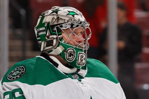 Goaltender Anton Khudobin of the Dallas Stars looks up ice during first period action against the Florida Panthers during a preseason game at the FLA...