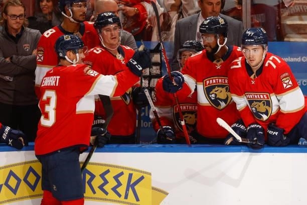 Sam Reinhart of the Florida Panthers celebrates his third period open net goal with teammates against the Dallas Stars during a preseason game at the...