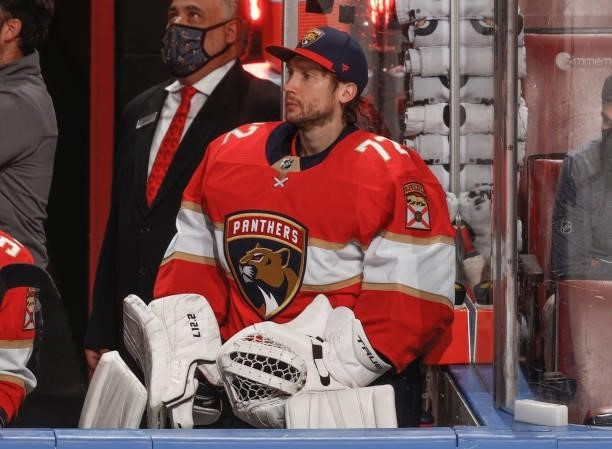 Goaltender Sergei Bobrovsky of the Florida Panthers watches third period action against the Dallas Stars from the bench during a preseason game at...