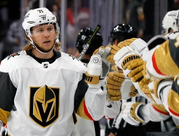 William Karlsson of the Vegas Golden Knights celebrates with teammates on the bench after scoring a third-period goal against the Los Angeles Kings...