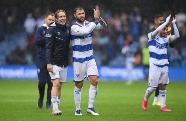 Charlie Austin of Queens Park Rangers applauds fans after their sides victory in the Sky Bet Championship match between Queens Park Rangers and...