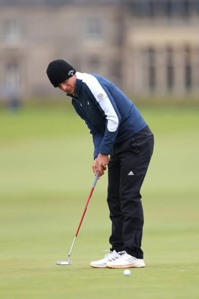 Guido Migliozzi of Italy putts on the 17th green during Day Three of The Alfred Dunhill Links Championship at The Old Course on October 02, 2021 in...