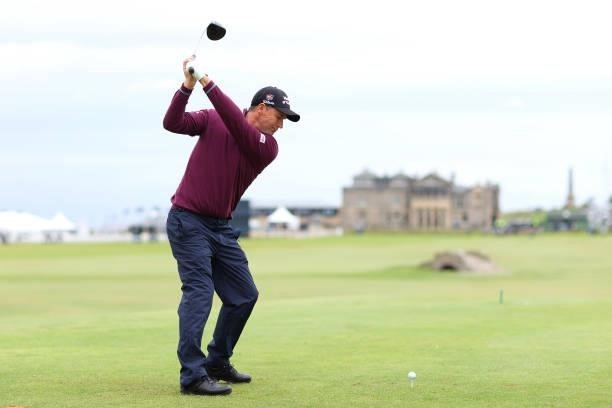 Padraig Harrington of Ireland tees off on the 18th hole during Day Three of The Alfred Dunhill Links Championship at The Old Course on October 02,...