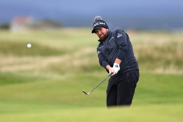Shane Lowry of Ireland chips on the 17th green during Day Three of The Alfred Dunhill Links Championship at The Old Course on October 02, 2021 in St...