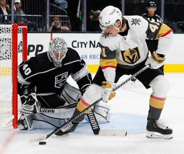 Calvin Petersen of the Los Angeles Kings defends the net against Nolan Patrick Vegas Golden Knights during a Vegas power play in the second period of...