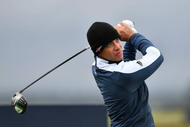 Guido Migliozzi of Italy plays a shot during Day Three of The Alfred Dunhill Links Championship at The Old Course on October 02, 2021 in St Andrews,...