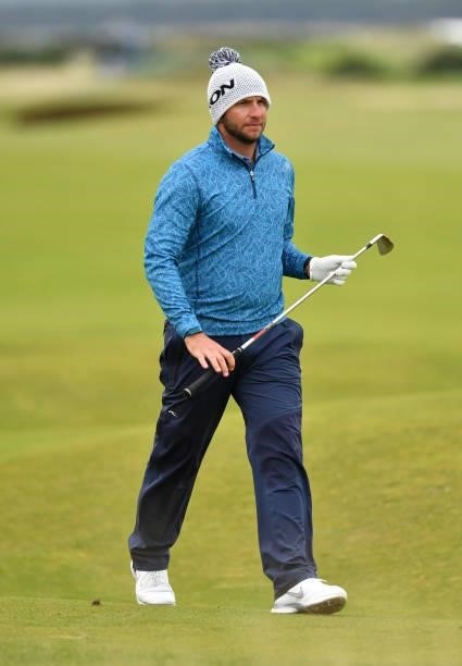 Dean Burmester of South Africa reacts during Day Three of The Alfred Dunhill Links Championship at The Old Course on October 02, 2021 in St Andrews,...