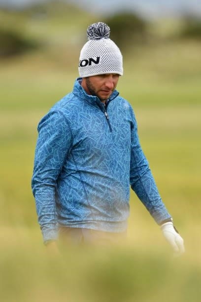 Dean Burmester of South Africa reacts during Day Three of The Alfred Dunhill Links Championship at The Old Course on October 02, 2021 in St Andrews,...