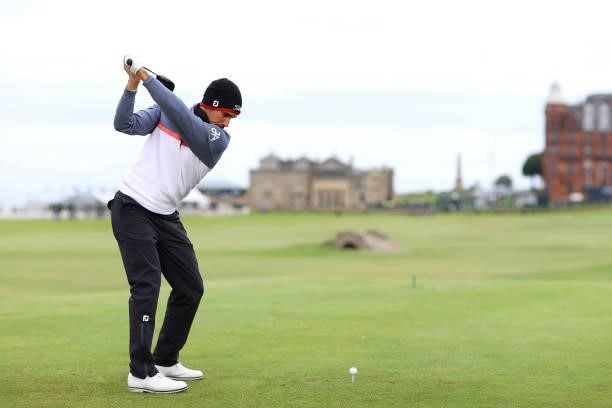 Rafa Cabrera Bello of Spain tees off on the 18th hole during Day Three of The Alfred Dunhill Links Championship at The Old Course on October 02, 2021...