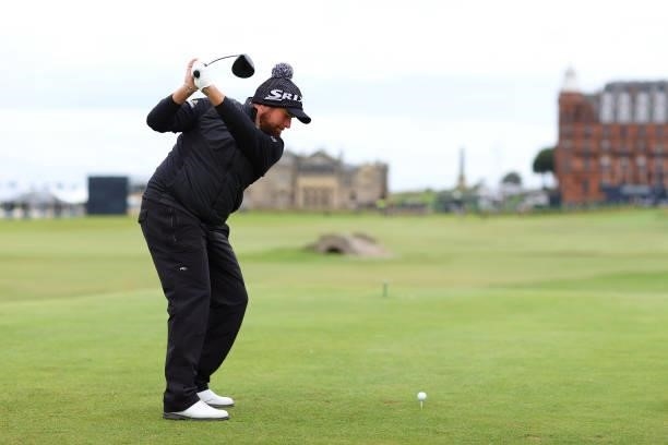 Shane Lowry of Ireland tees off on the 18th hole during Day Three of The Alfred Dunhill Links Championship at The Old Course on October 02, 2021 in...
