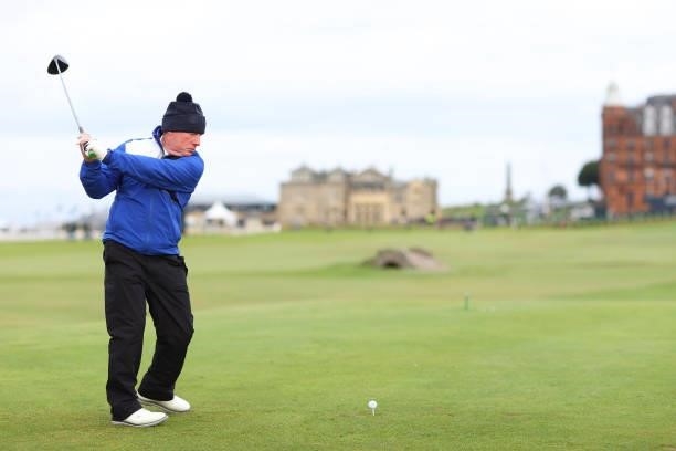Gerry McManus tees off on the 18th hole during Day Three of The Alfred Dunhill Links Championship at The Old Course on October 02, 2021 in St Andrews...
