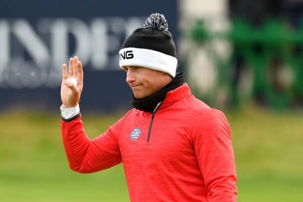 Callum Hill of Scotland reacts on the 18th green during Day Three of The Alfred Dunhill Links Championship at The Old Course on October 02, 2021 in...