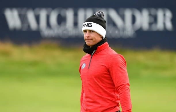 Callum Hill of Scotland reacts on the 18th green during Day Three of The Alfred Dunhill Links Championship at The Old Course on October 02, 2021 in...