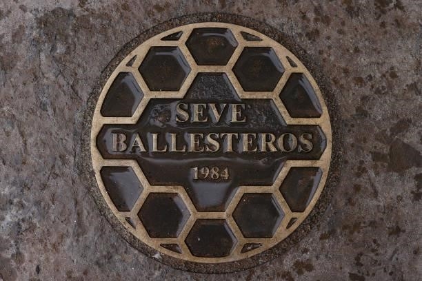 Plaque commemorating The Open Championship win of Seve Ballesteros in 1984 is seen on the pavement alongside the 18th hole of The Old Course on...