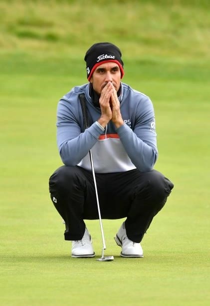 Rafa Cabrera Bello of Spain reacts on the 18th green during Day Three of The Alfred Dunhill Links Championship at The Old Course on October 02, 2021...