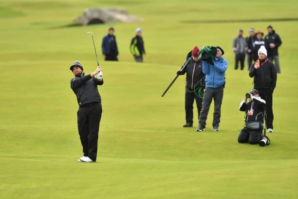 Shane Lowry of Ireland plays his second shot on the 18th hole during Day Three of The Alfred Dunhill Links Championship at The Old Course on October...