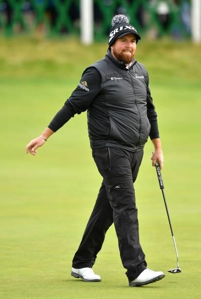 Shane Lowry of Ireland reacts on the 18th green during Day Three of The Alfred Dunhill Links Championship at The Old Course on October 02, 2021 in St...