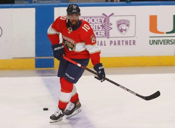 Anthony Duclair of the Florida Panthers skates prior to the game against the Dallas Stars during a preseason game at the FLA Live Arena on October 1,...