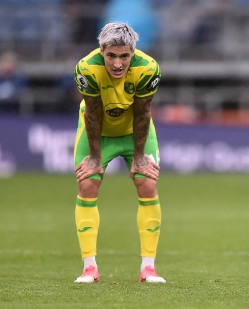 Mathias Normann of Norwich City reacts following the Premier League match between Burnley and Norwich City at Turf Moor on October 02, 2021 in...