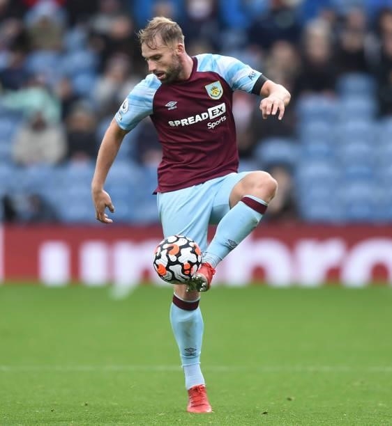 Charlie Taylor of Burnley controls the ball during the Premier League match between Burnley and Norwich City at Turf Moor on October 02, 2021 in...